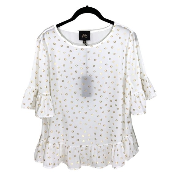 Anthropologie Tops - Flirty Gold Printed Blouse with Frill Trim